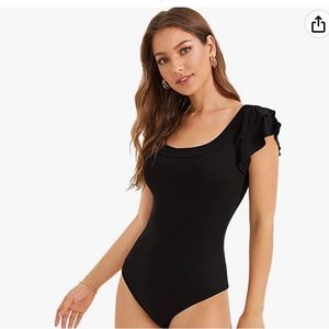 Black Cotton Ruffle Shoulder Bodysuit
